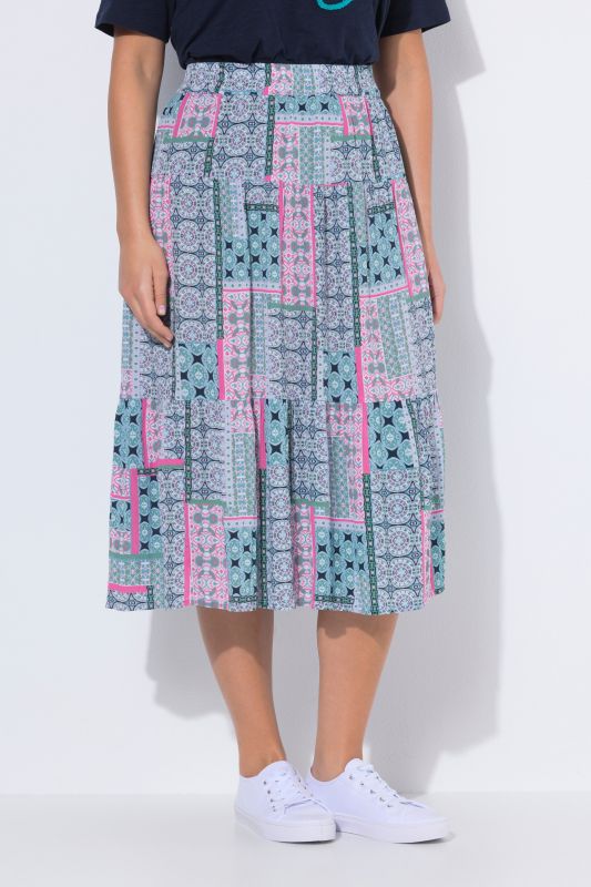 Patchwork Print Tiered Elastic Waist Skirt