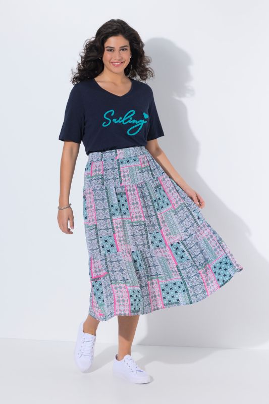 Patchwork Print Tiered Elastic Waist Skirt