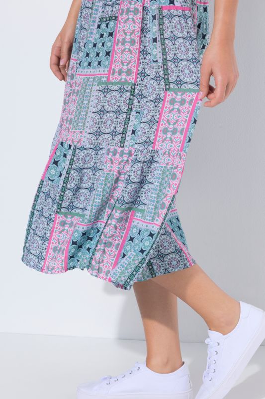 Patchwork Print Tiered Elastic Waist Skirt