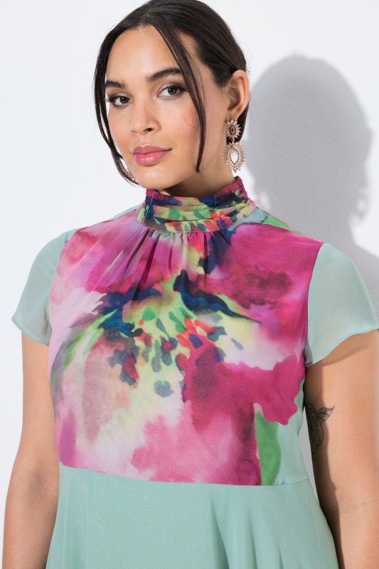 Floral Placement Print Turtleneck Dress