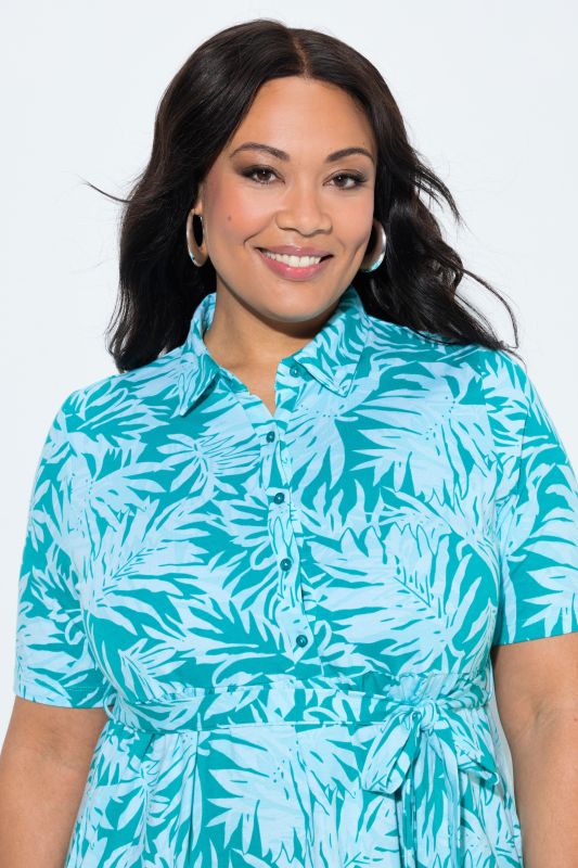 Leaf Print Knit Tie Belt Pocket Dress