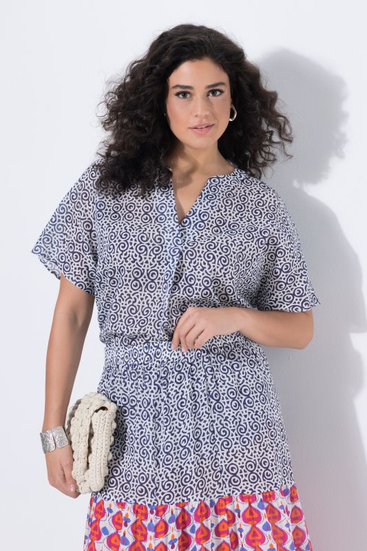 Блуза с принт и драперия на деколтето