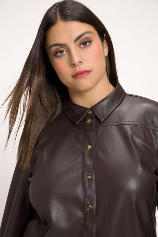 Leather Look Button Front Tunic Blouse