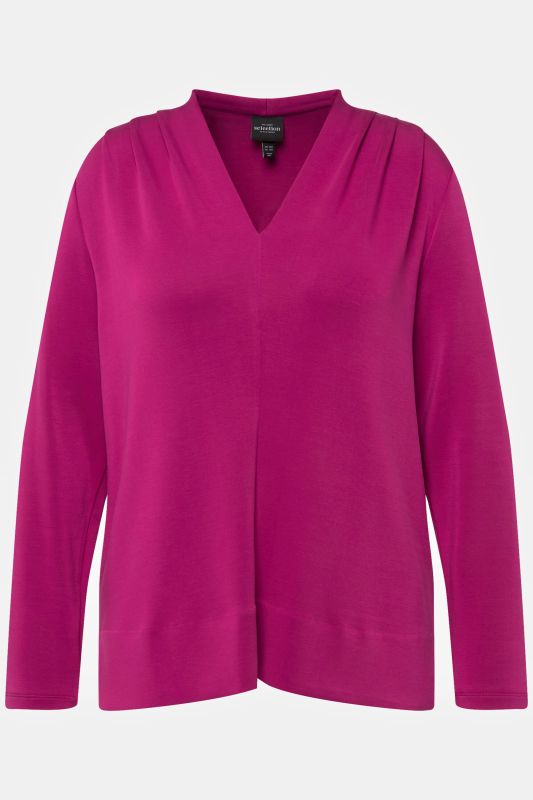 Pleat Shoulder Detail V-Neck Stretch Knit Top