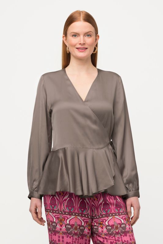 Shimmering Satin V-Neck Wrap Blouse with Flounce Peplum
