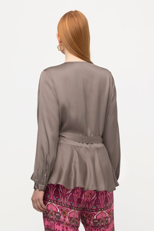 Shimmering Satin V-Neck Wrap Blouse with Flounce Peplum