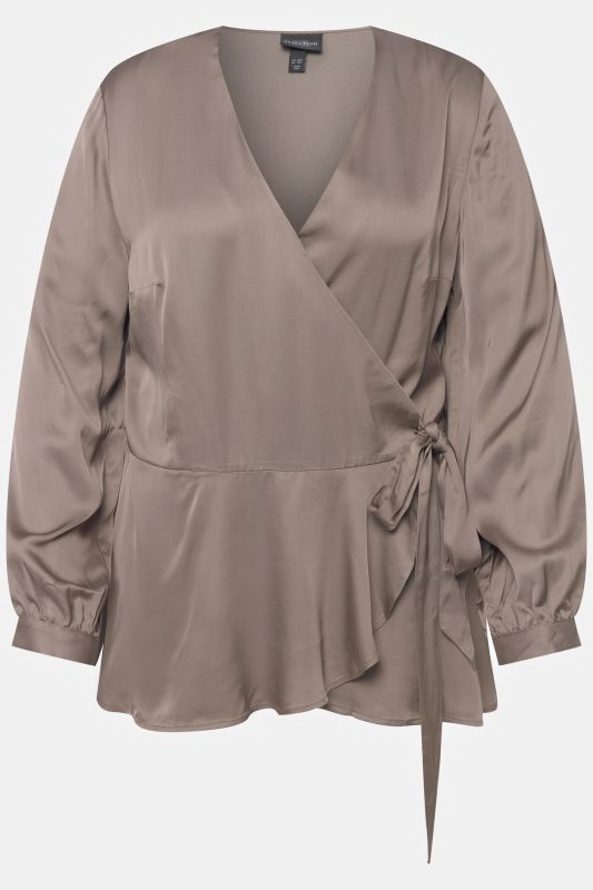 Shimmering Satin V-Neck Wrap Blouse with Flounce Peplum