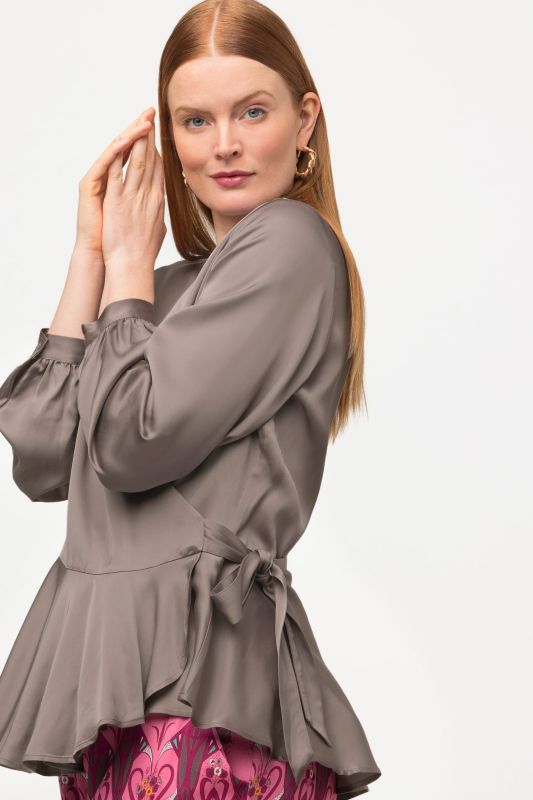 Shimmering Satin V-Neck Wrap Blouse with Flounce Peplum