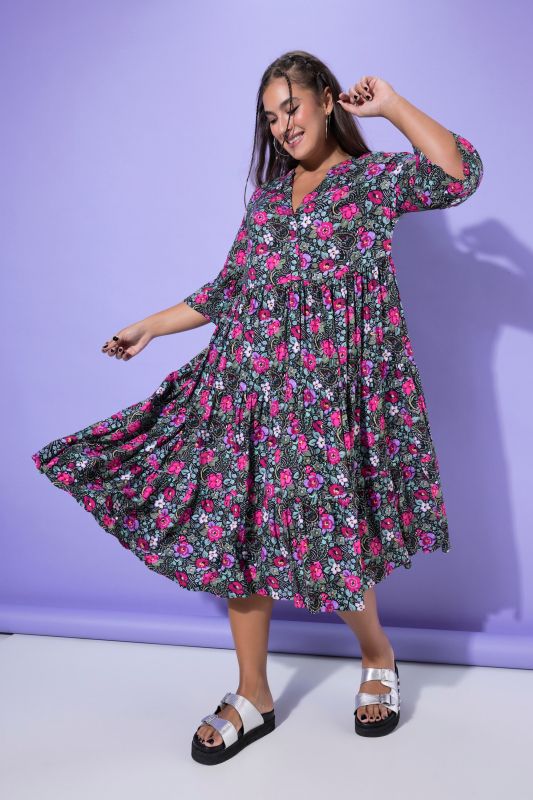 Electric Floral Flounce Panel Dress