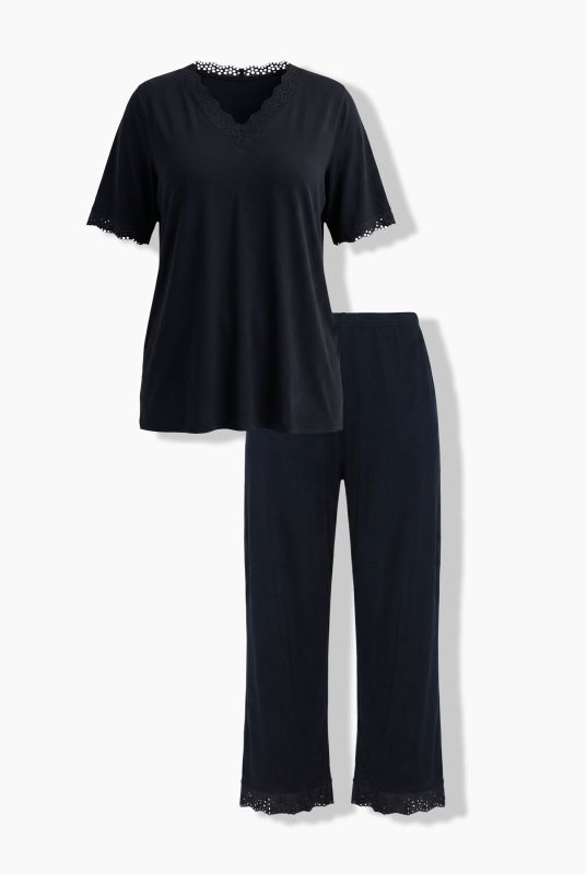 Eyelet Trim V-Neck Super Soft Cotton Blend Pajama Set