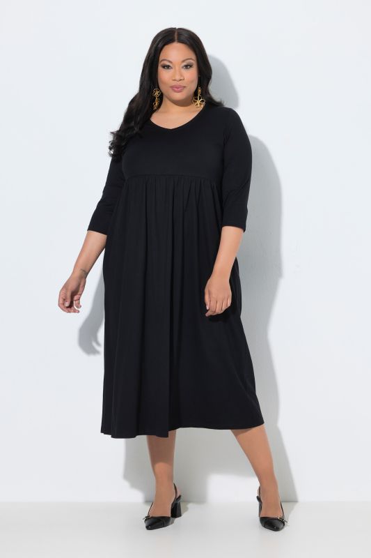 Cotton Knit V-Neck Empire A-line Pocket Dress