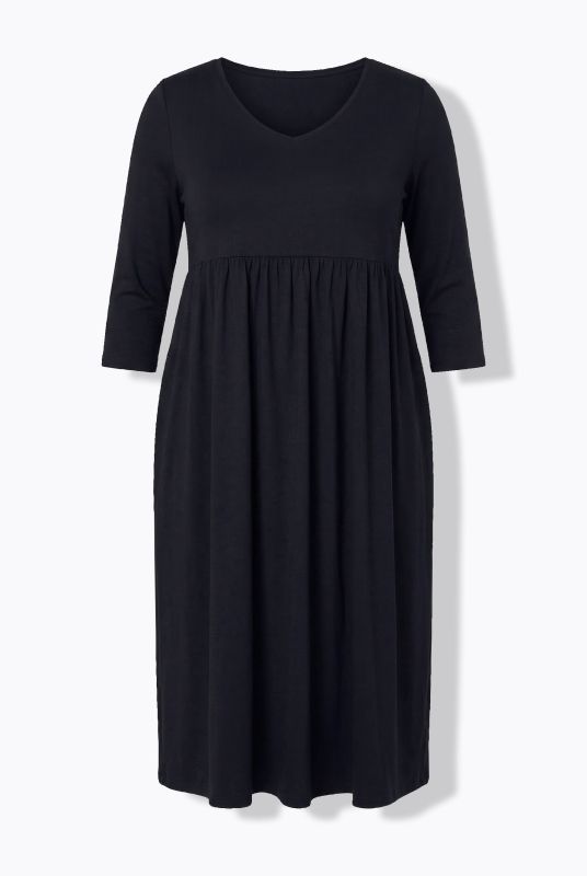 Cotton Knit V-Neck Empire A-line Pocket Dress