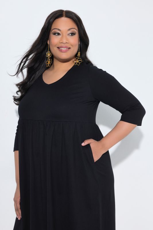 Cotton Knit V-Neck Empire A-line Pocket Dress