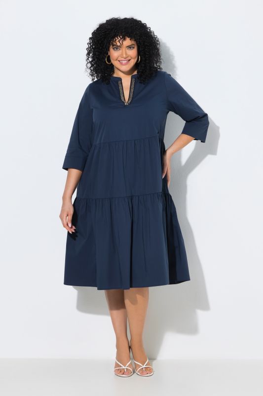 Tiered Flounce Panel 3/4 Sleeve Midi Dress