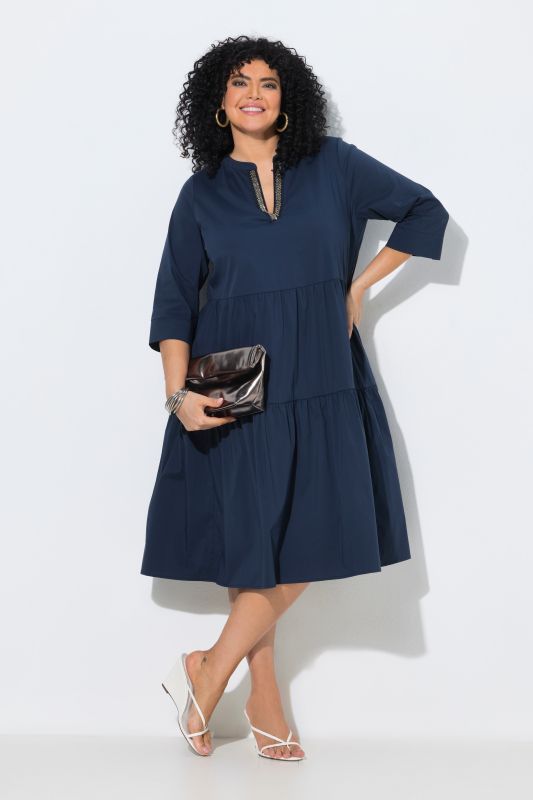 Tiered Flounce Panel 3/4 Sleeve Midi Dress