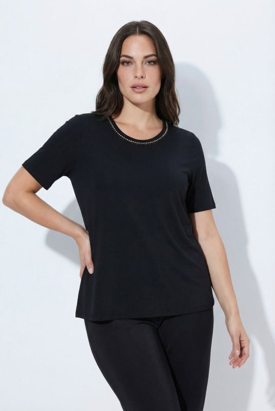 Rhinestone Neckline Lyocell T-Shirt Blouse