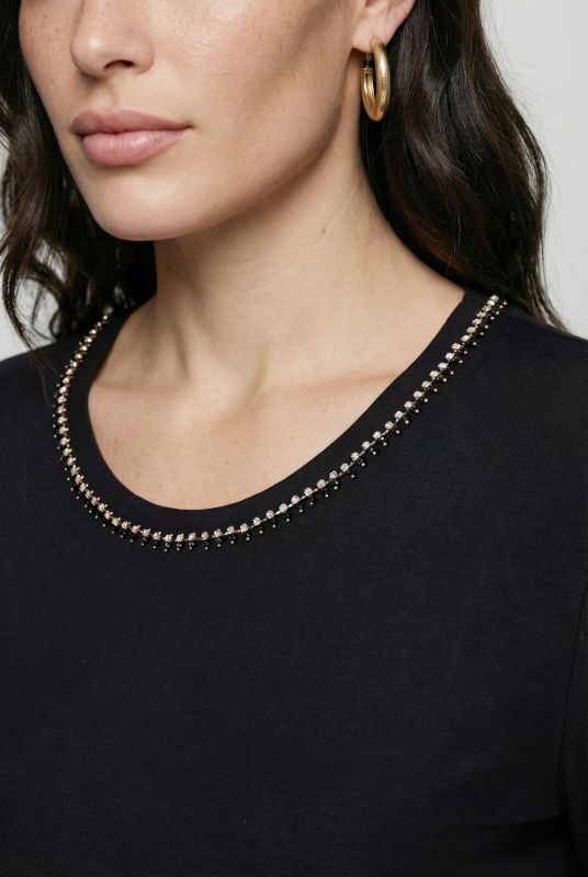 Rhinestone Neckline Lyocell T-Shirt Blouse