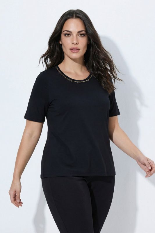 Rhinestone Neckline Lyocell T-Shirt Blouse