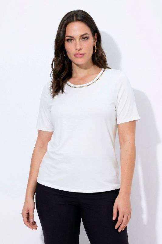 Rhinestone Neckline Lyocell T-Shirt Blouse