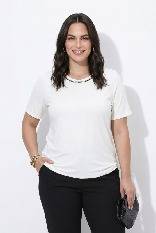 Rhinestone Neckline Lyocell T-Shirt Blouse