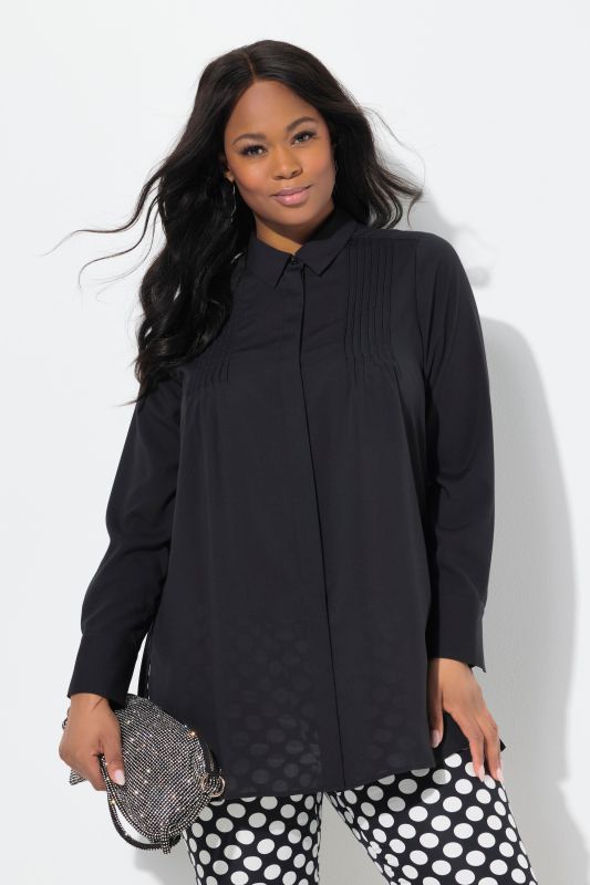 Pleated Long Sleeve Button Down Tunic Blouse