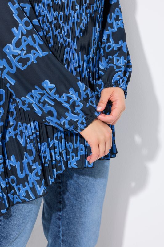 Letter Print Long Sleeve Pleated Blouse