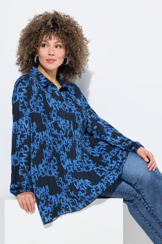 Letter Print Long Sleeve Pleated Blouse