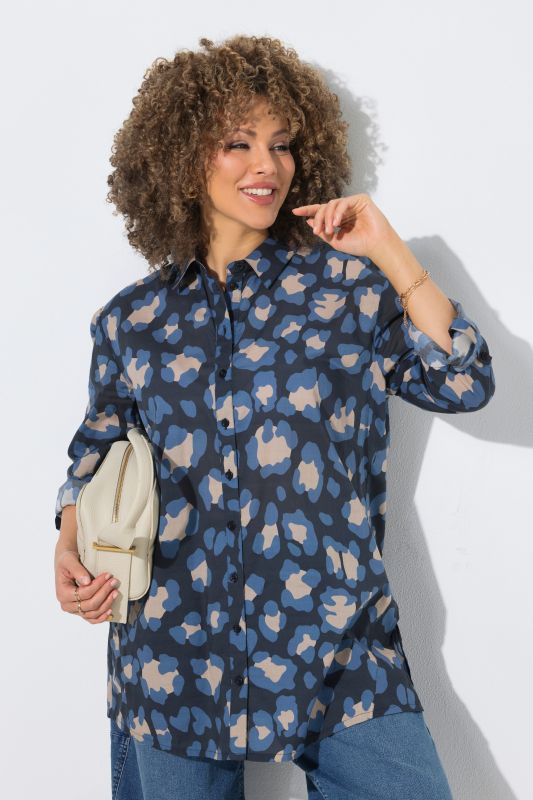 Leopard Print Long Sleeve Button Down Tunic Blouse