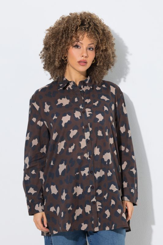 Leopard Print Long Sleeve Button Down Tunic Blouse