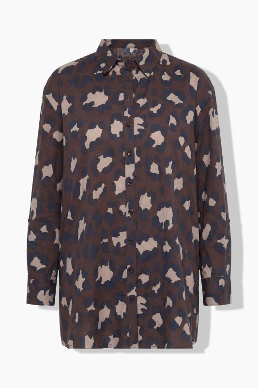 Leopard Print Long Sleeve Button Down Tunic Blouse