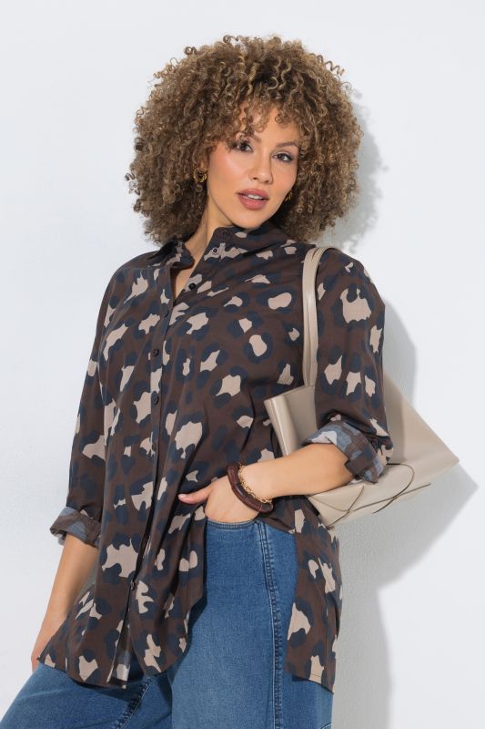 Leopard Print Long Sleeve Button Down Tunic Blouse