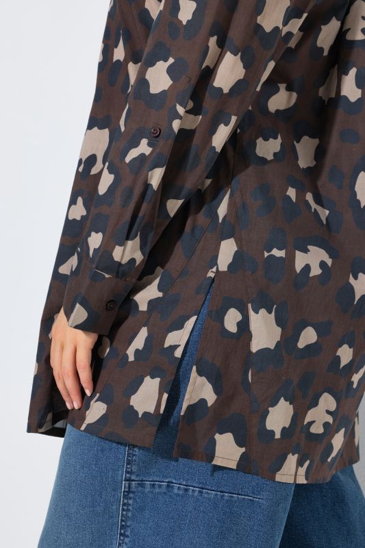 Leopard Print Long Sleeve Button Down Tunic Blouse