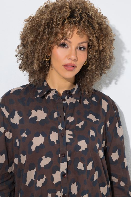 Leopard Print Long Sleeve Button Down Tunic Blouse