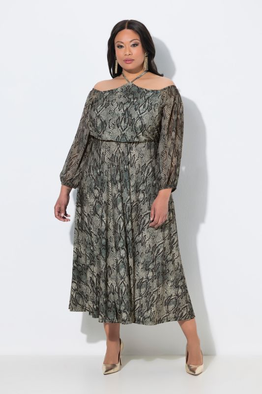 Snakeskin Print Off-The-Shoulder Halter Dress