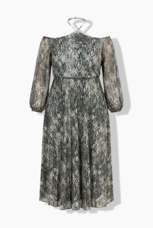 Snakeskin Print Off-The-Shoulder Halter Dress