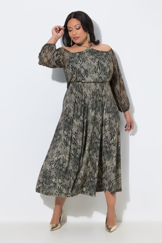 Snakeskin Print Off-The-Shoulder Halter Dress