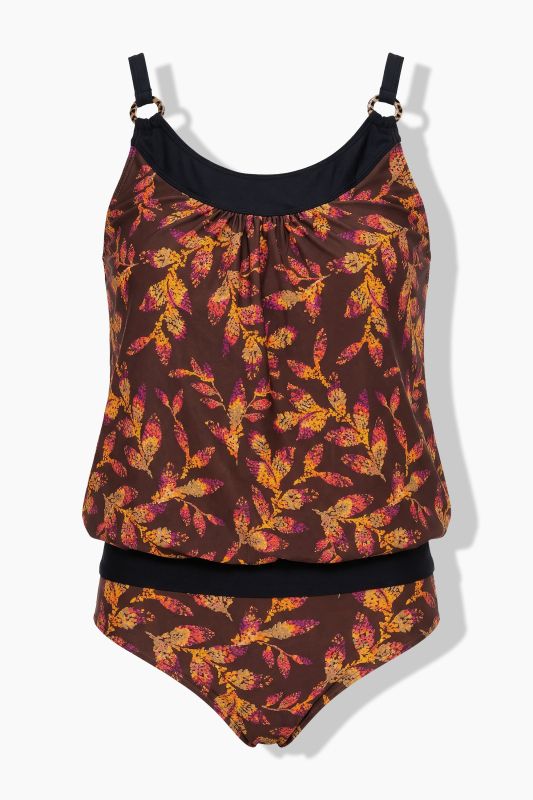 Sunset Leaves Elastic Hem Tankini Set