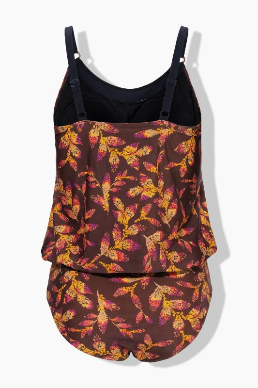 Sunset Leaves Elastic Hem Tankini Set