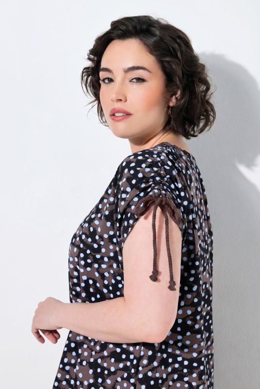 Polka Dot Gathered Shoulders Dress