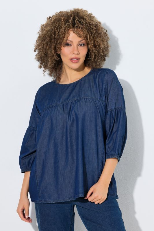 Denim Empire Waist Balloon Sleeve Blouse