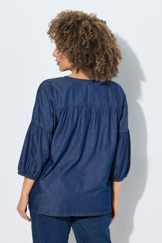 Denim Empire Waist Balloon Sleeve Blouse