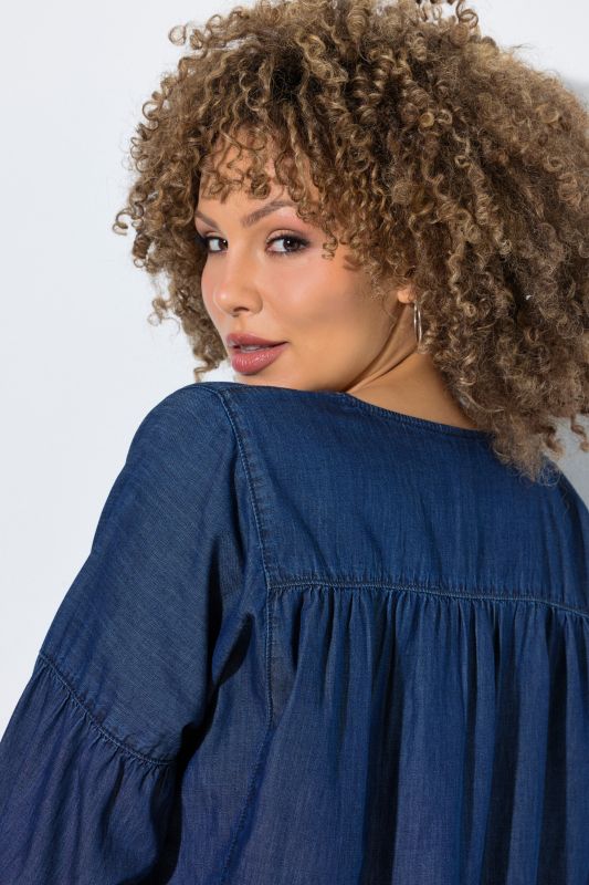 Denim Empire Waist Balloon Sleeve Blouse