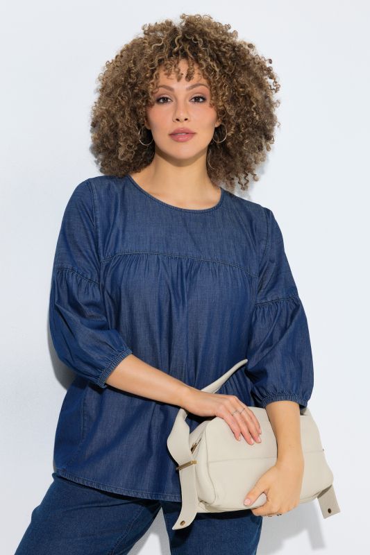 Denim Empire Waist Balloon Sleeve Blouse