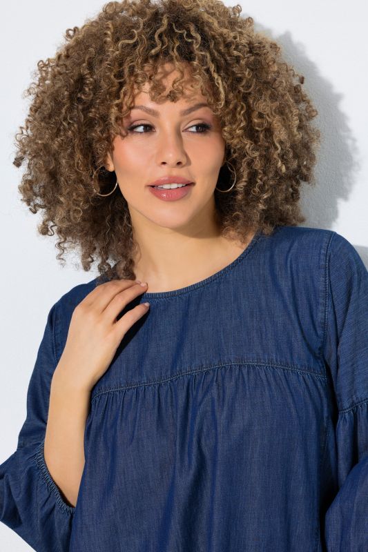 Denim Empire Waist Balloon Sleeve Blouse